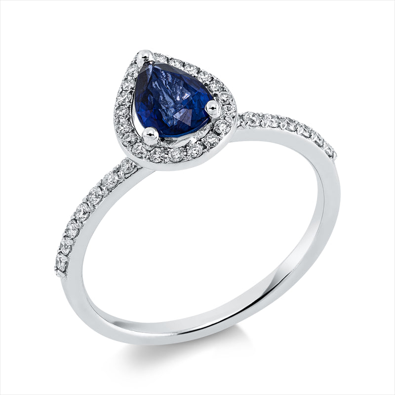 Ring 18 kt WG, 36 Brill. 0,26 ct, F-si, 1 Saphir 0,95 ct blau