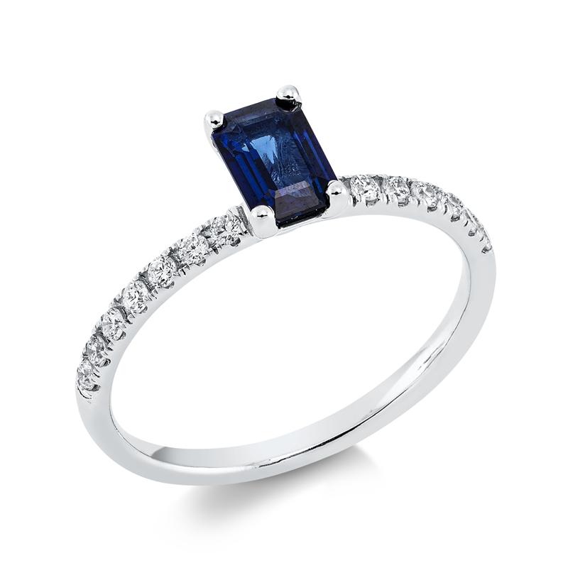 Ring 18 kt WG, 14 Brill. 0,18 ct, F-si, 1 Saphir 0,66 ct blau