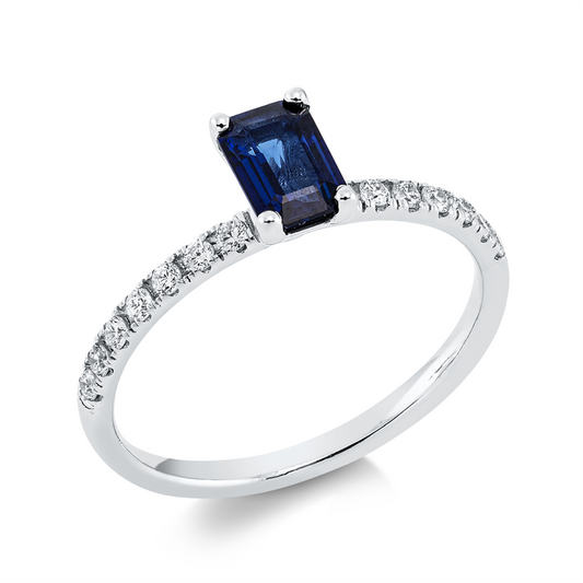 Ring 18 kt WG, 14 Brill. 0,18 ct, F-si, 1 Saphir 0,66 ct blau