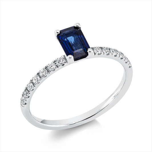 Ring 18 kt WG, 14 Brill. 0,16 ct, F-si, 1 Saphir 0,67 ct blau