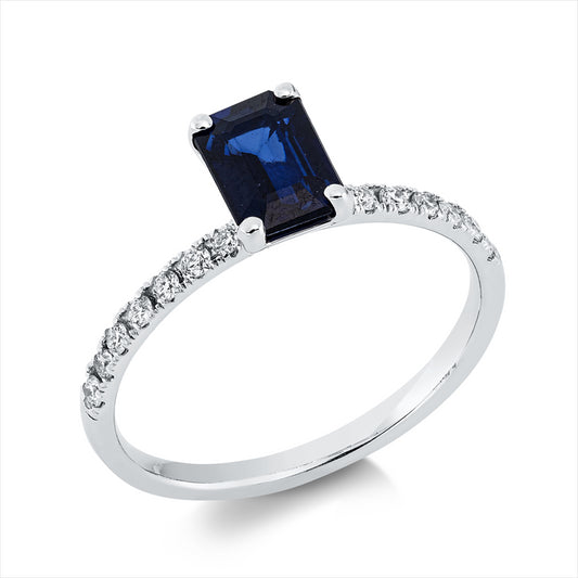 Ring 18 kt WG, 14 Brill. 0,15 ct, F-si, 1 Saphir 0,99 ct blau