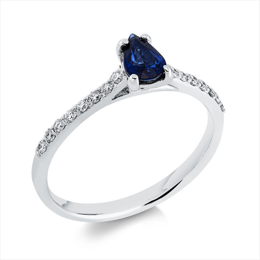 Ring 18 kt WG, 16 Brill. 0,17 ct, F-si, 1 Saphir 0,44 ct blau