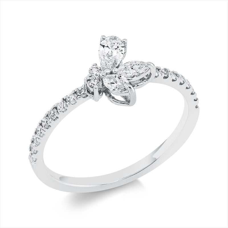 Ring 18 kt WG, 2 Nav. 0,17 ct, F-vsi, 1 Tropfen 0,15 ct, F-vsi, 21 Brill. 0,25 ct, F-si