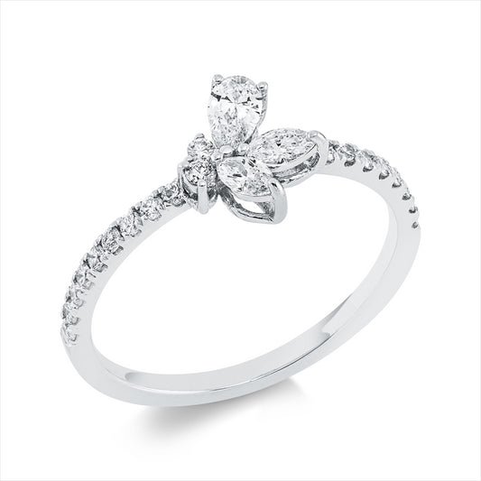 Ring 18 kt WG, 2 Nav. 0,17 ct, F-vsi, 1 Tropfen 0,15 ct, F-vsi, 21 Brill. 0,25 ct, F-si