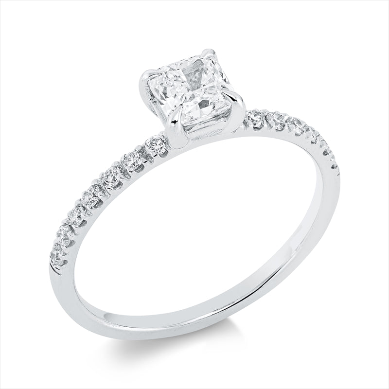 Ring 18 kt WG, 1 Assher 0,59 ct, F-vsi, 14 Brill. 0,18 ct, F-si