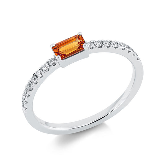 Ring 18 kt WG, 16 Brill. 0,16 ct, TW-si, 1 Saphir 0,45 ct orange