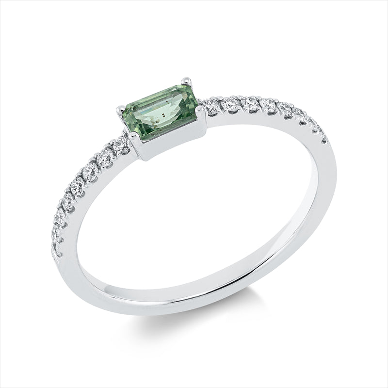 Ring 18 kt WG, 16 Brill. 0,16 ct, TW-si, 1 Peridot 0,41 ct grün