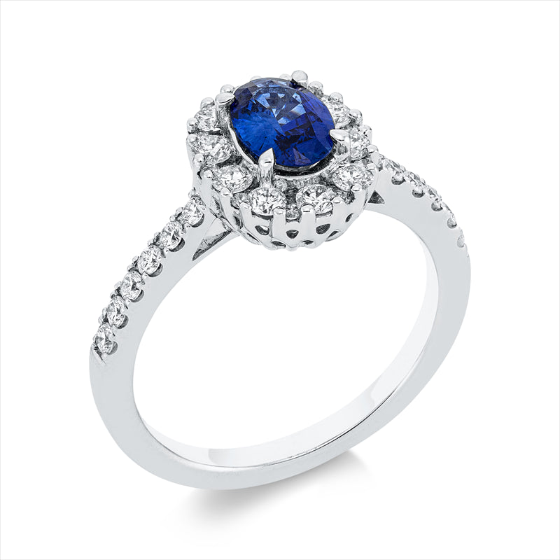 Ring 18 kt WG, 42 Brill. 0,64 ct, TW-si, 1 Saphir 0,78 ct blau