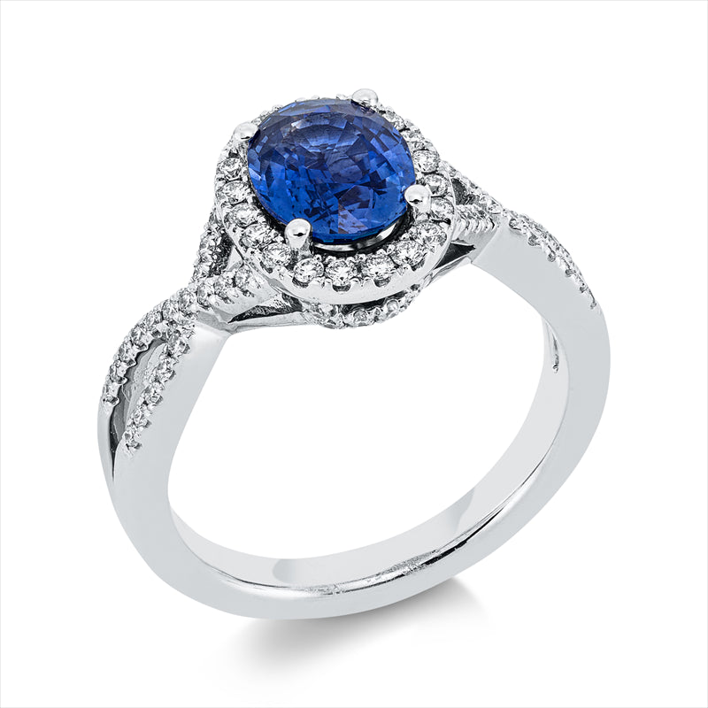 Ring 14 kt WG, 72 Brill. 0,35 ct, W-si, 1 Saphir 1,66 ct blau