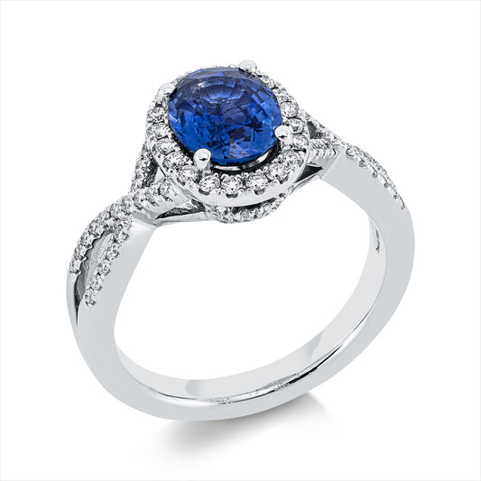 Ring 14 kt WG, 72 Brill. 0,35 ct, W-si, 1 Saphir 1,66 ct blau