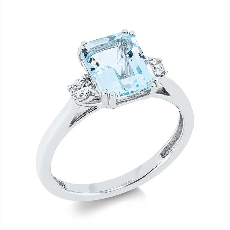 Ring 18 kt WG, 2 Brill. 0,19 ct, W-vsi, 1 Aquamarin 2,34 ct blau