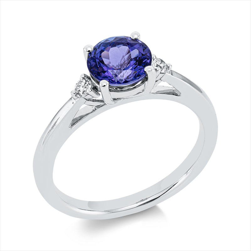 Ring 18 kt WG, 2 Brill. 0,09 ct, W-vsi, 1 Tansanit 1,58 ct blau