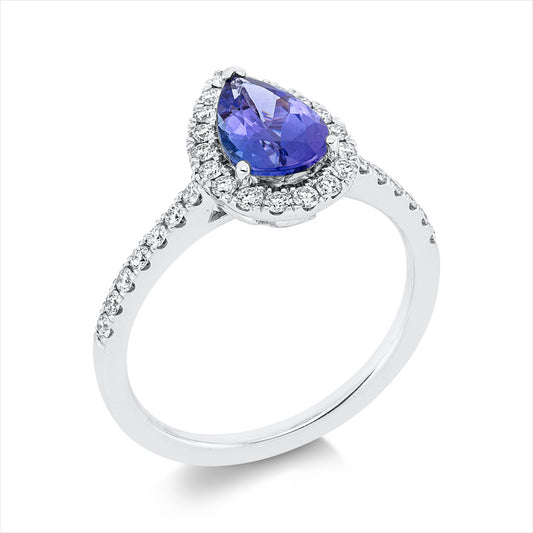 Ring 18 kt WG, 32 Brill. 0,36 ct, W-vsi, 1 Tansanit 1,24 ct blau