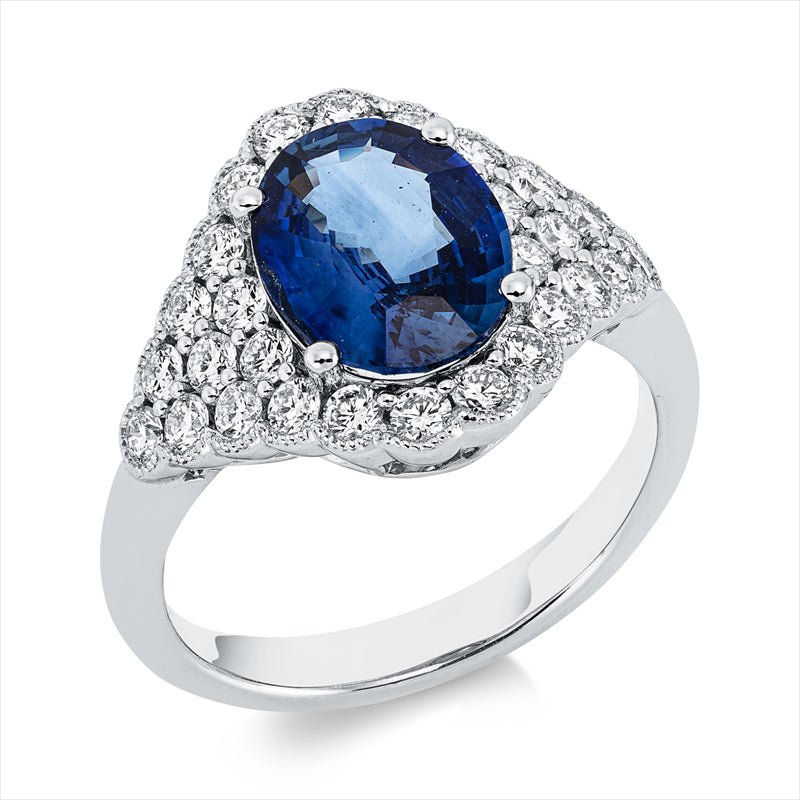 Ring 18 kt WG, 28 Brill. 0,80 ct, TW-si, 1 Saphir 2,66 ct blau