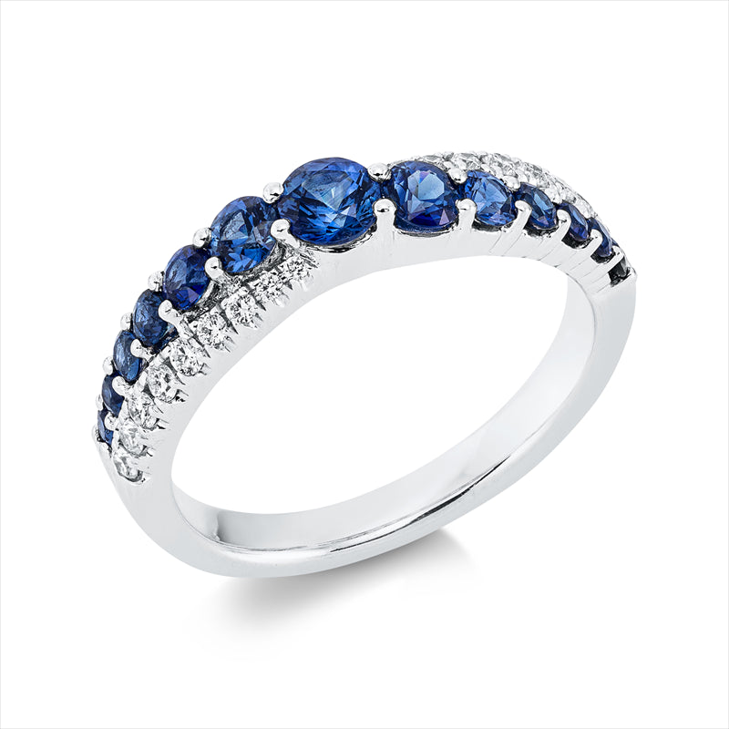 Ring 18 kt WG, 18 Brill. 0,16 ct, TW-si, 13 Saphire 0,93 ct blau