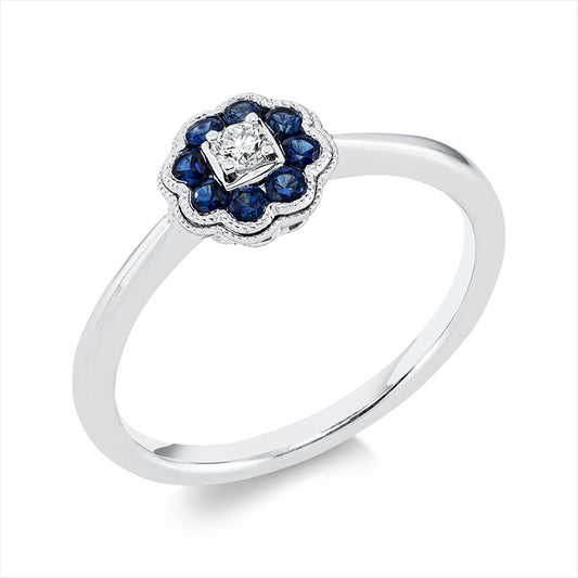 Ring 18 kt WG, 1 Brill. 0,06 ct, TW-si, 8 Saphire 0,20 ct blau