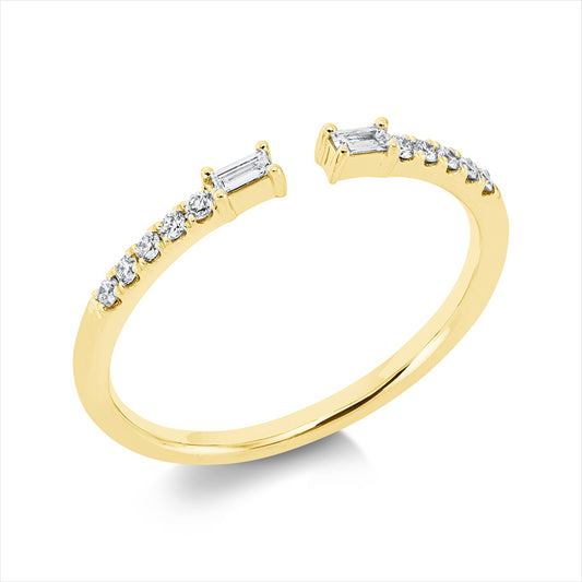 Ring 18 kt GG, Fassung rhodiniert, 2 Bag. 0,05 ct, TW-si, 10 Brill. 0,09 ct, TW-si