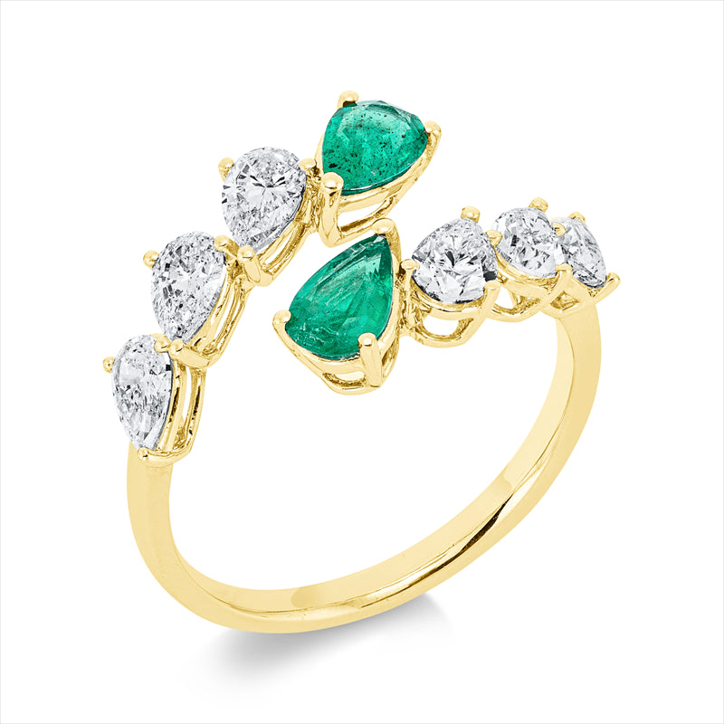 Ring 18 kt GG, 6 Tropfen 1,18 ct, TW-si, 2 Smaragde 0,80 ct grün
