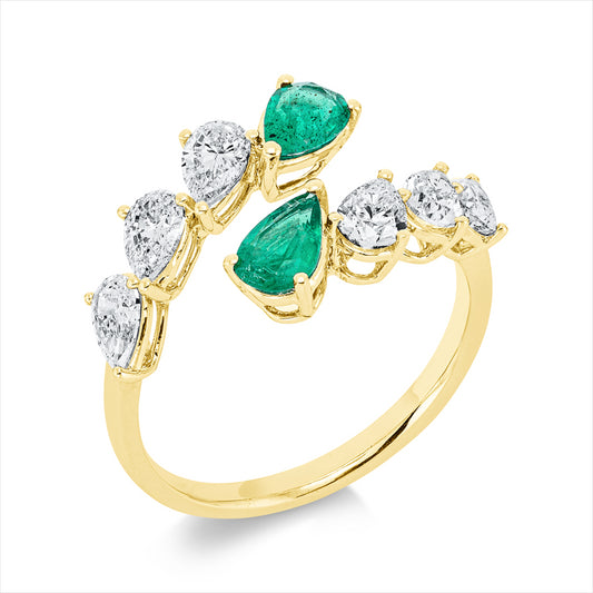 Ring 18 kt GG, 6 Tropfen 1,18 ct, TW-si, 2 Smaragde 0,80 ct grün