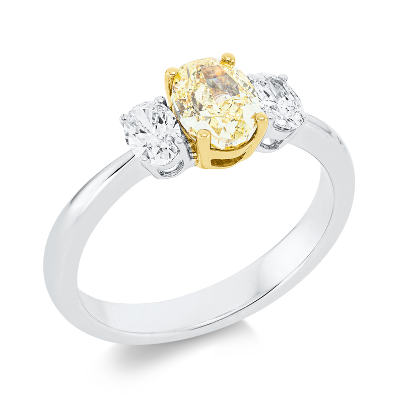 Ring 18 kt WG+GG, GIA 6232060708, 1 Oval 1,14 ct, gelb-si2, 2 Oval 0,42 ct, TW-si