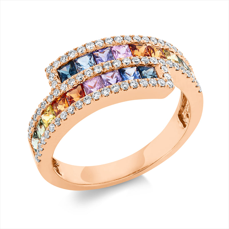 Ring 18 kt RG, 71 Brill. 0,31 ct, TW-si, 18 Saphire 1,46 ct multicolor