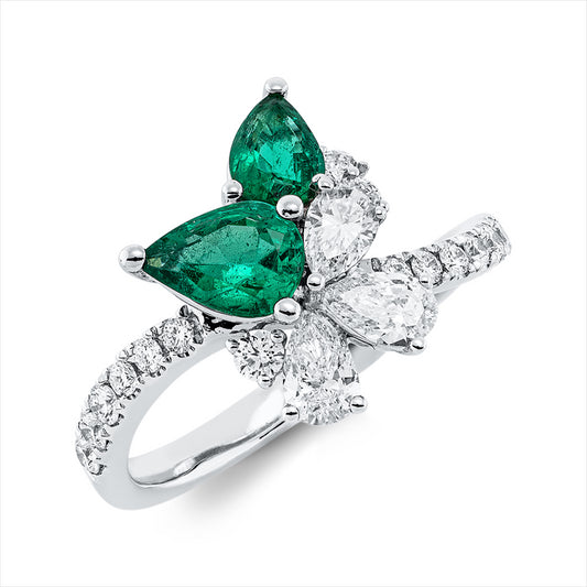 Ring 18 kt WG, 3 Tropfen 0,52 ct,16 Brill. 0,33 ct, F-vsi/si, 1 Smaragd 0,50 ct,1 Smaragd 0,28 ct grün