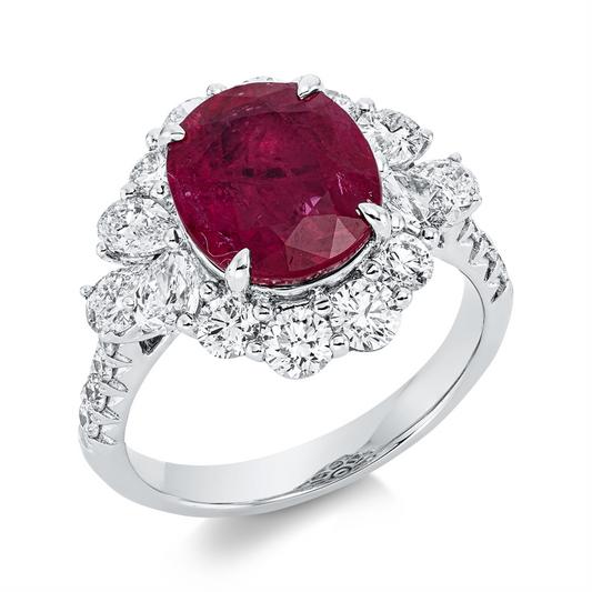 ABVERKAUF, Ring 18 kt WG, 8 Brill.0,82ct, 6 Tropfen 0,81 ct, 8 Brill.0,17 ct, F-vsi/si, 1 Rubin 4,00ct rot
