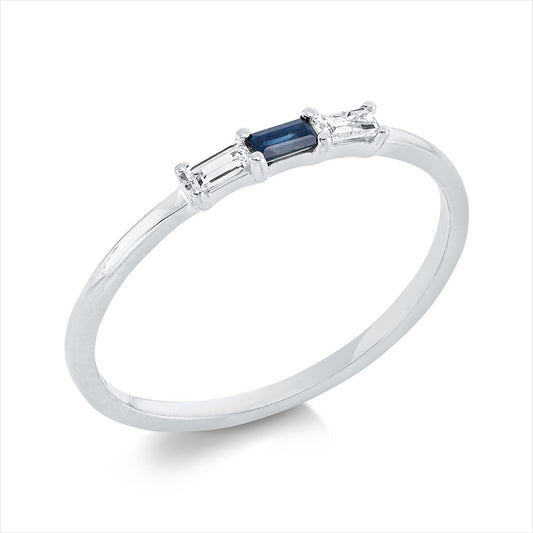 Ring 18 kt WG, 2 Bag. 0,07 ct, TW-vsi, 1 Saphir 0,05 ct blau