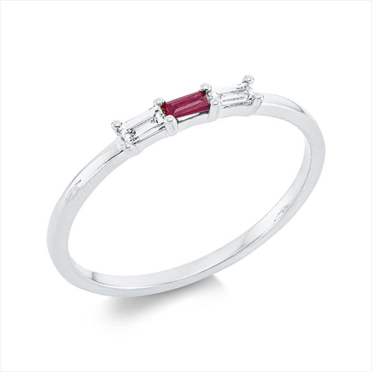 Ring 18 kt WG, 2 Bag. 0,08 ct, TW-vsi, 1 Rubin 0,05 ct rot