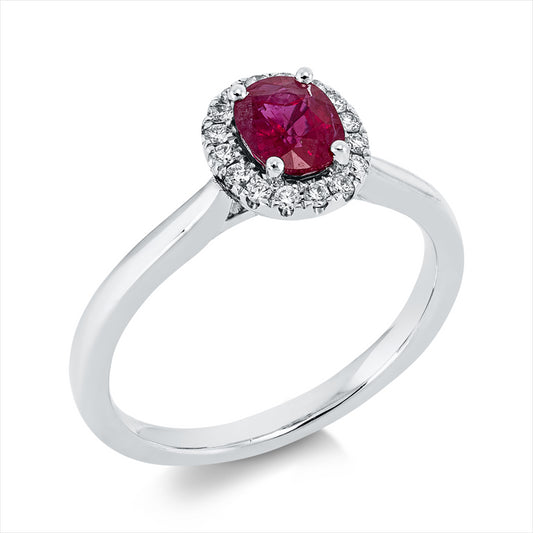 Ring 18 kt WG, 16 Brill. 0,13 ct, TW-si, 1 Rubin 0,82 ct rot