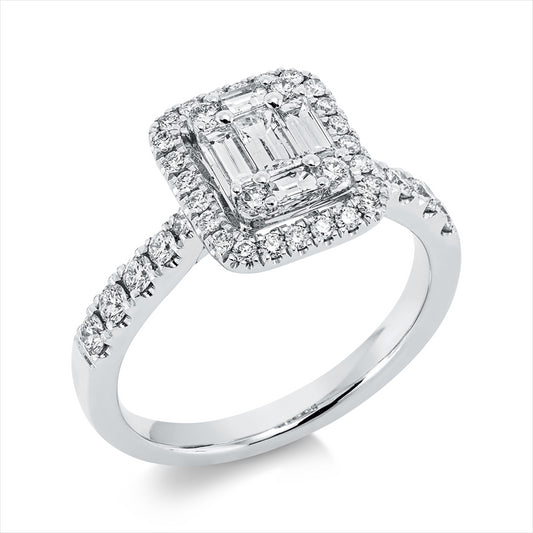 Ring 18 kt WG, 4 Trap. 0,24 ct, TW-si, 1 Bag. 0,16 ct, TW-si, 38 Brill. 0,50 ct, TW-si