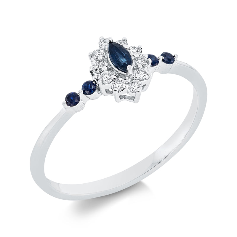 Ring 18 kt WG, 4 Brill. 0,06 ct, TW-si, 10 Brill. 0,09 ct, TW-si, 1 Saphir 0,10 ct blau