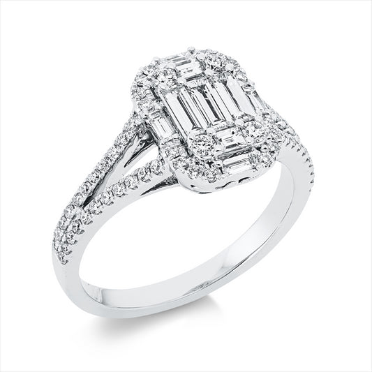 Ring 18 kt WG, 4 Brill. 0,09 ct, TW-si, 6 Bag. 0,18 ct, TW-si, 3 Bag. 0,25 ct, TW-si, 60 Brill. 0,28 ct, TW-si