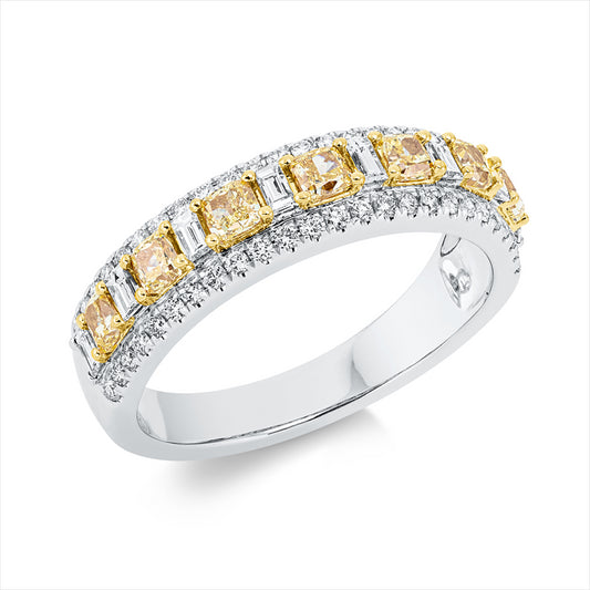 Ring 18 kt WG+GG, 8 Bag. 0,22 ct, TW-si, 50 Brill. 0,22 ct, TW-si, 7 Cushion 0,67 ct, gelb