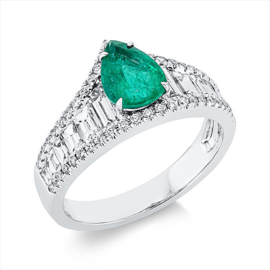 Ring 18 kt WG, 10 Bag. 0,31 ct,4 Bag. 0,47 ct, F-vsi/si, 48 Brill. 0,22 ct, F-vsi/si, 1 Smaragd 1,07 ct grün