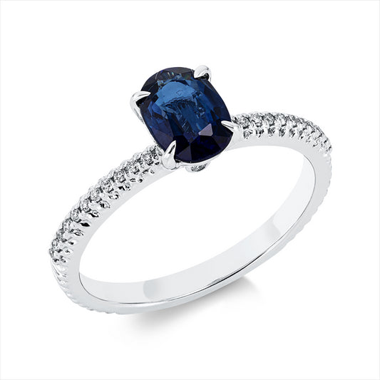 Ring 18 kt WG, 26 Brill. 0,09 ct, TW-si, 1 Saphir 1,13 ct blau