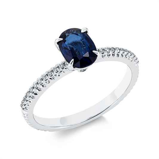 Ring 18 kt WG, 26 Brill. 0,09 ct, TW-si, 1 Saphir 1,13 ct blau