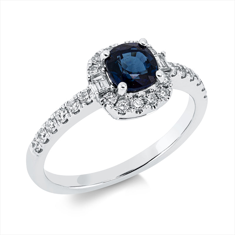 Ring 18 kt WG, 2 Bag. 0,07 ct, TW-si, 24 Brill. 0,31 ct, TW-si, 1 Saphir 0,92 ct blau