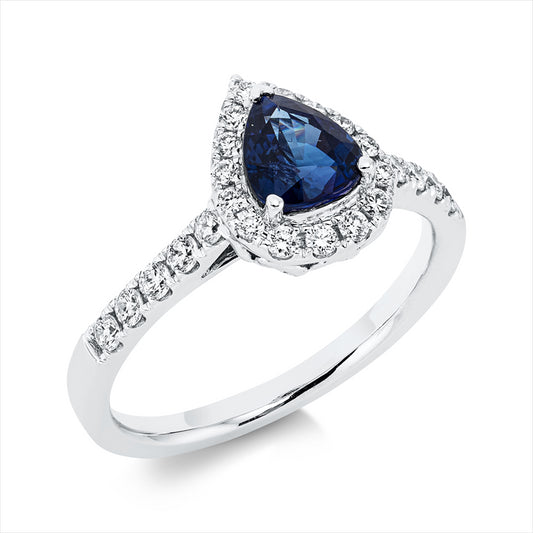 Ring 18 kt WG, 10 Brill. 0,22 ct, TW-si, 15 Brill. 0,17 ct, TW-si, 1 Saphir 1,11 ct blau