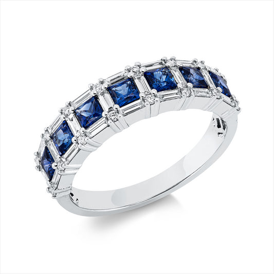 Ring 18 kt WG, 22 Bag. 0,37 ct, TW-si, 16 Brill. 0,08 ct, TW-si, 7 Saphire 0,84 ct blau