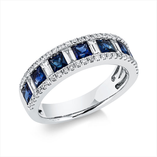 Ring 18 kt WG, 6 Bag. 0,33 ct, F-vsi/si, 52 Brill. 0,32 ct, F-vsi/si, 7 Saphire 1,33 ct blau