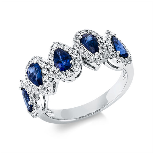 Ring 18 kt WG, 70 Brill. 0,43 ct, TW-si, 5 Saphire 1,38 ct blau