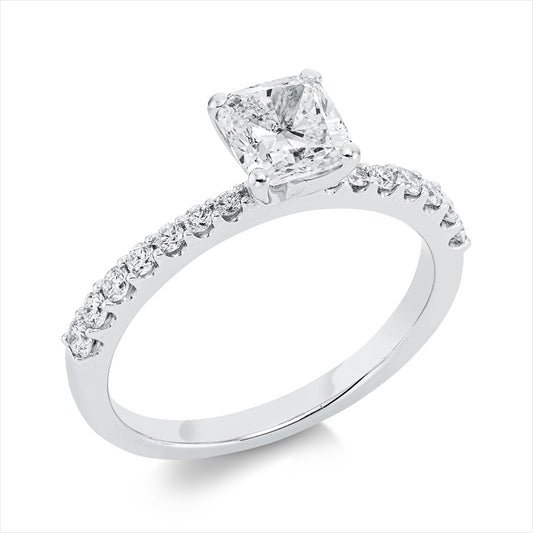 Ring 18 kt WG, 1 Cushion 1,02 ct, TW-si, 14 Brill. 0,27 ct, TW-si