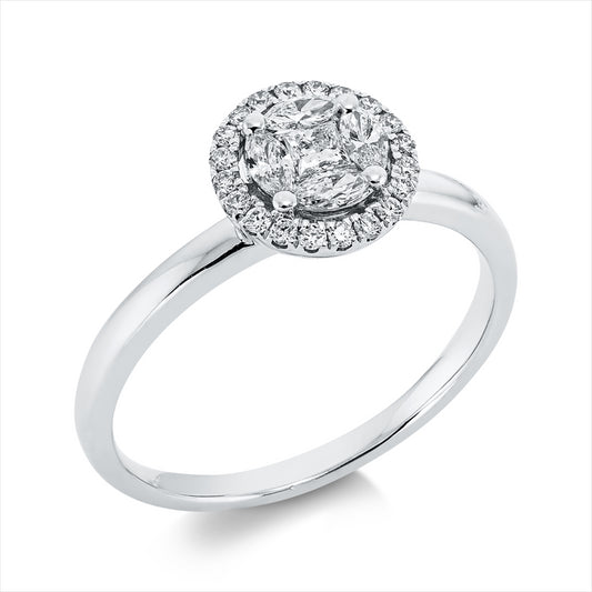 Ring 18 kt WG, 4 Nav. 0,18 ct, TW-si, 1 Princ. 0,07 ct, TW-si, 20 Brill. 0,13 ct, TW-si