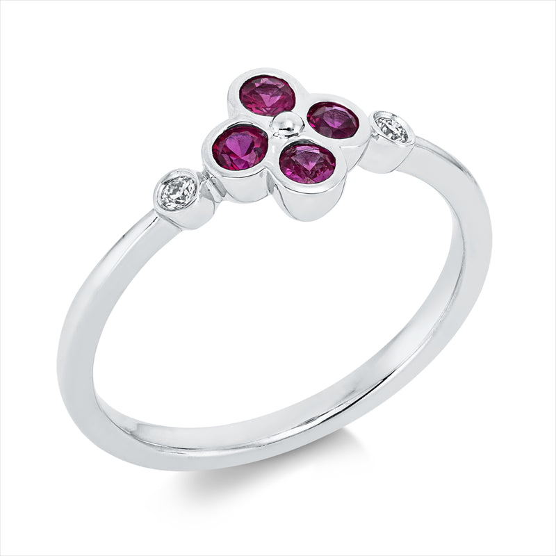 Ring 14 kt WG, 2 Brill. 0,04 ct, TW-si, 4 Rubine 0,32 ct rot