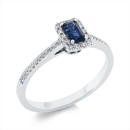 Ring 18 kt WG, 42 Brill. 0,21 ct, TW-si, 1 Saphir 0,48 ct blau