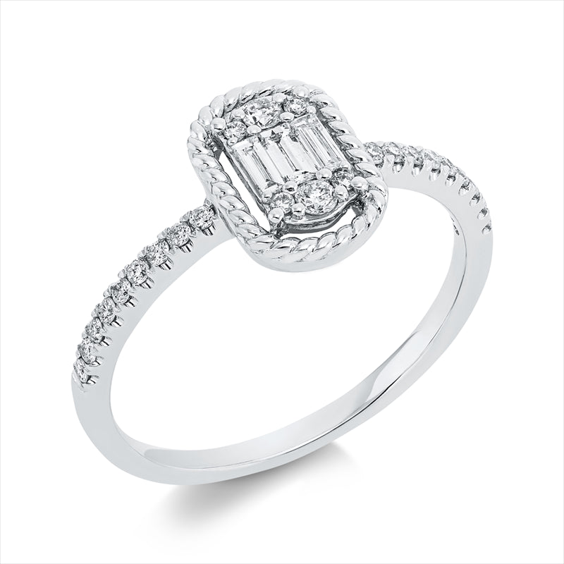 Ring 14 kt WG, 2 Brill. 0,05 ct, TW-pi, 3 Bag. 0,10 ct, F-vsi/si, 22 Brill. 0,13 ct, TW-pi