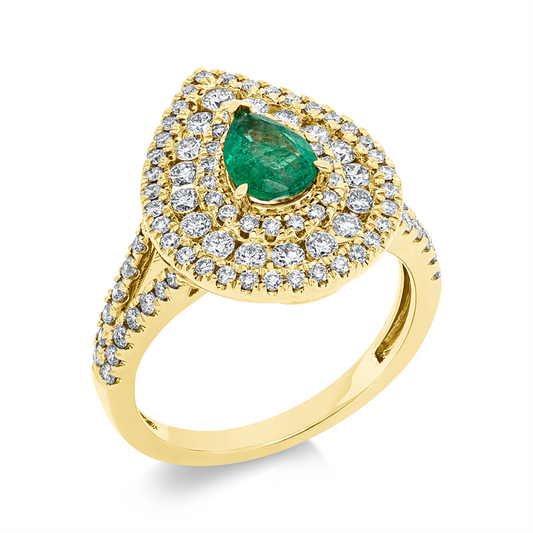 Ring 18 kt GG, 17 Brill. 0,52 ct, 60 Brill. 0,40 ct, 20 Brill. 0,21 ct, F-vsi/si, 1 Smaragd 0,61 ct grün