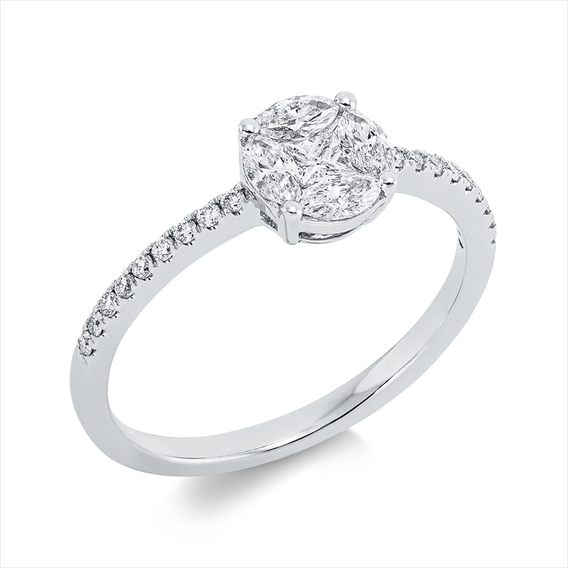 Ring 18 kt WG, 1 Princ. 0,08 ct, F-vsi, 4 Nav. 0,31 ct, F-vsi, 18 Brill. 0,11 ct, F-vsi/si