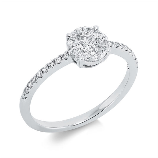 Ring 18 kt WG, 1 Princ. 0,08 ct, F-vsi, 4 Nav. 0,31 ct, F-vsi, 18 Brill. 0,11 ct, F-vsi/si